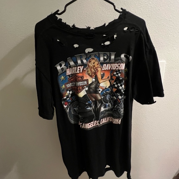 Harley Davidson Unisex Black Distressed Short Sleeve Graphic T Shirt Top L/XL - Picture 1 of 2